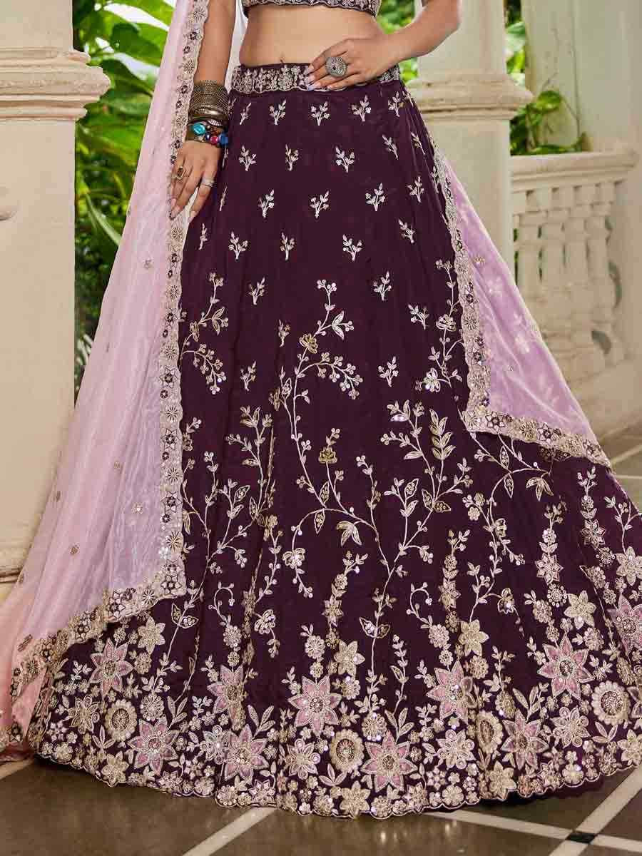 Burgundy Organza Embroidered Festival Reception Wedding Party Wear Heavy Border Lehenga Choli