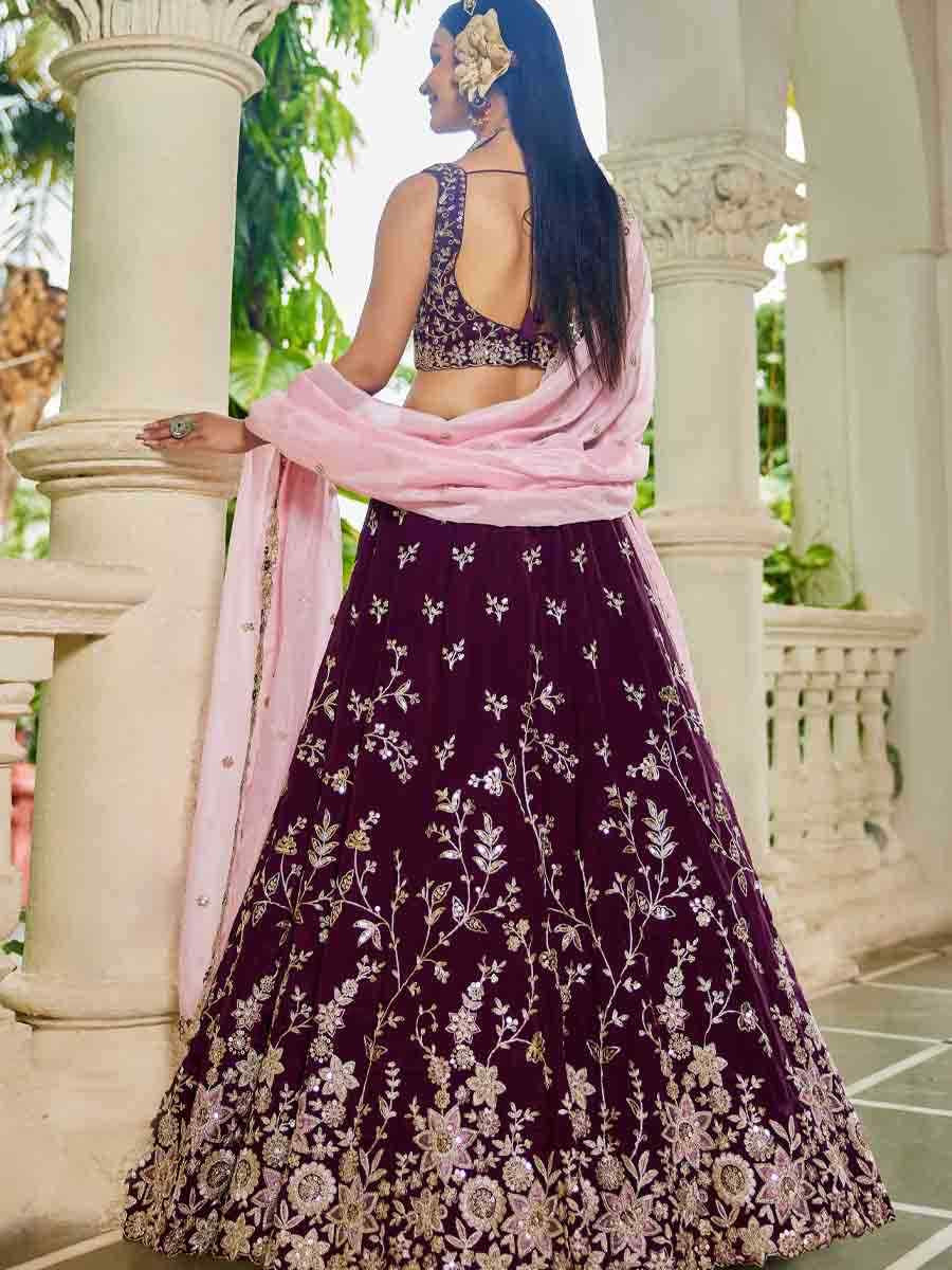 Burgundy Organza Embroidered Festival Reception Wedding Party Wear Heavy Border Lehenga Choli