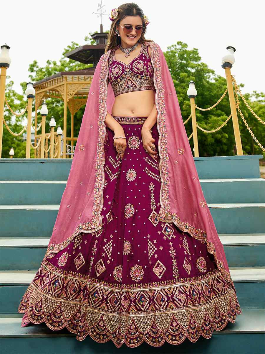 Burgundy Poly Georgette Embroidered Festival Reception Wedding Party Wear Heavy Border Lehenga Choli