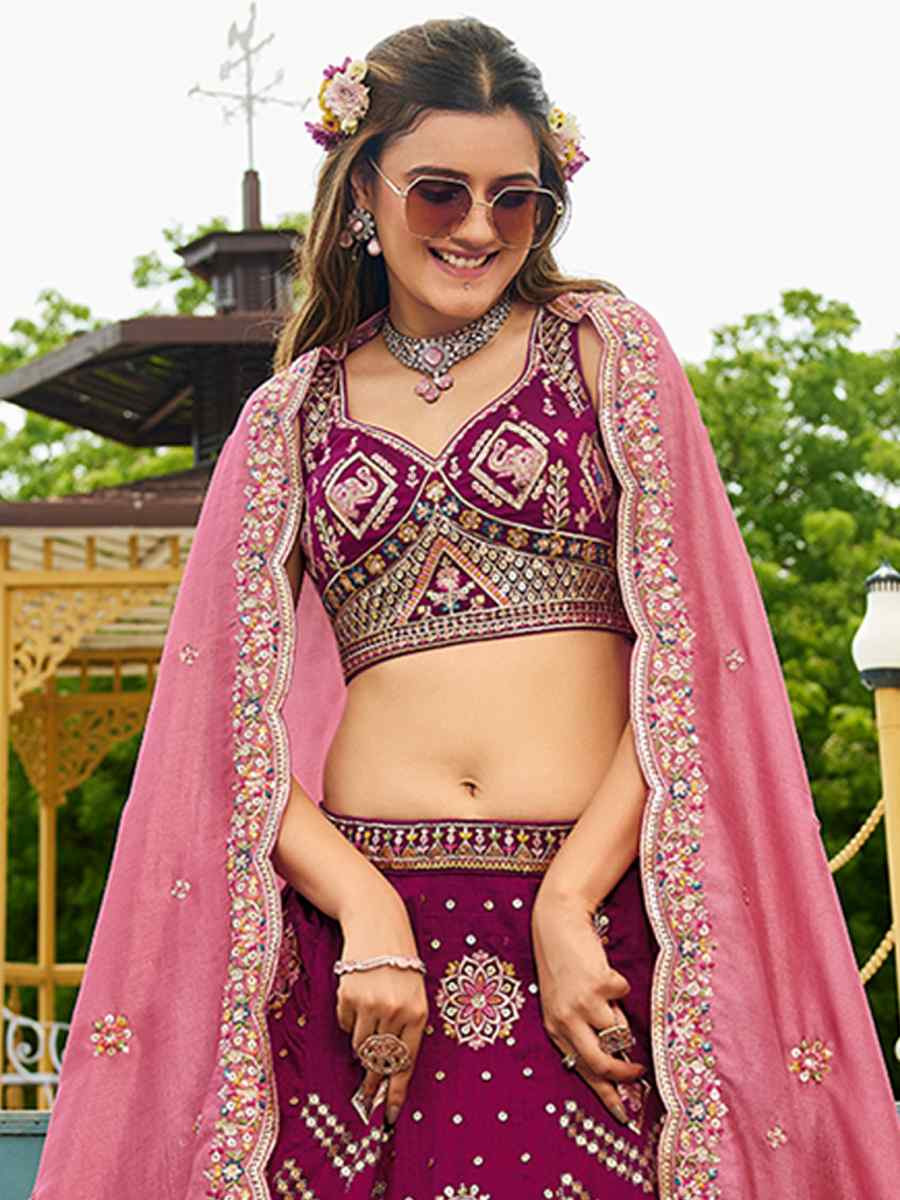 Burgundy Poly Georgette Embroidered Festival Reception Wedding Party Wear Heavy Border Lehenga Choli