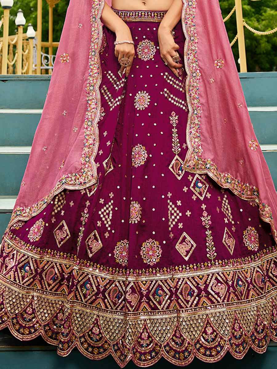 Burgundy Poly Georgette Embroidered Festival Reception Wedding Party Wear Heavy Border Lehenga Choli
