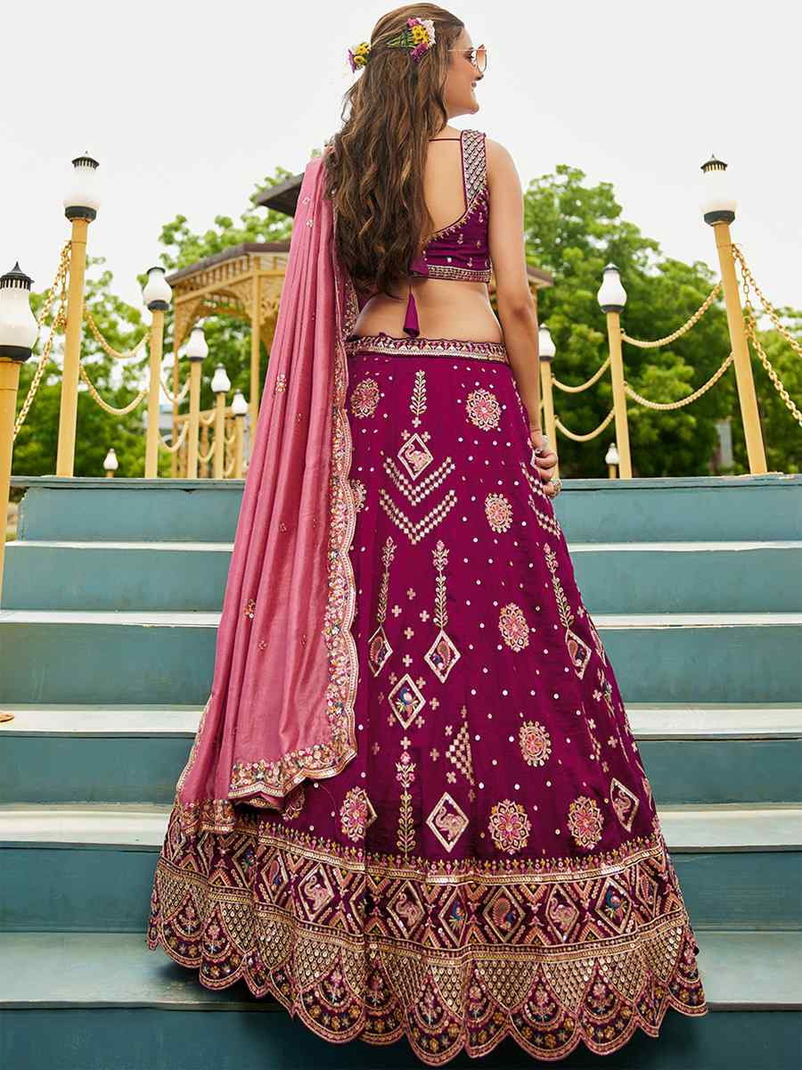 Burgundy Poly Georgette Embroidered Festival Reception Wedding Party Wear Heavy Border Lehenga Choli