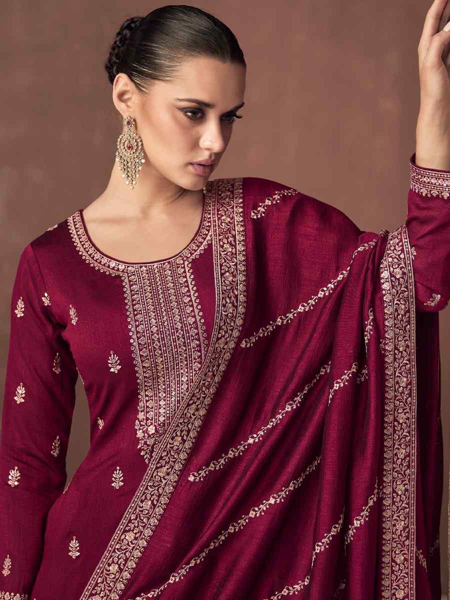 Burgundy Premium Silk Embroidered Festival Wedding Pant Salwar Kameez