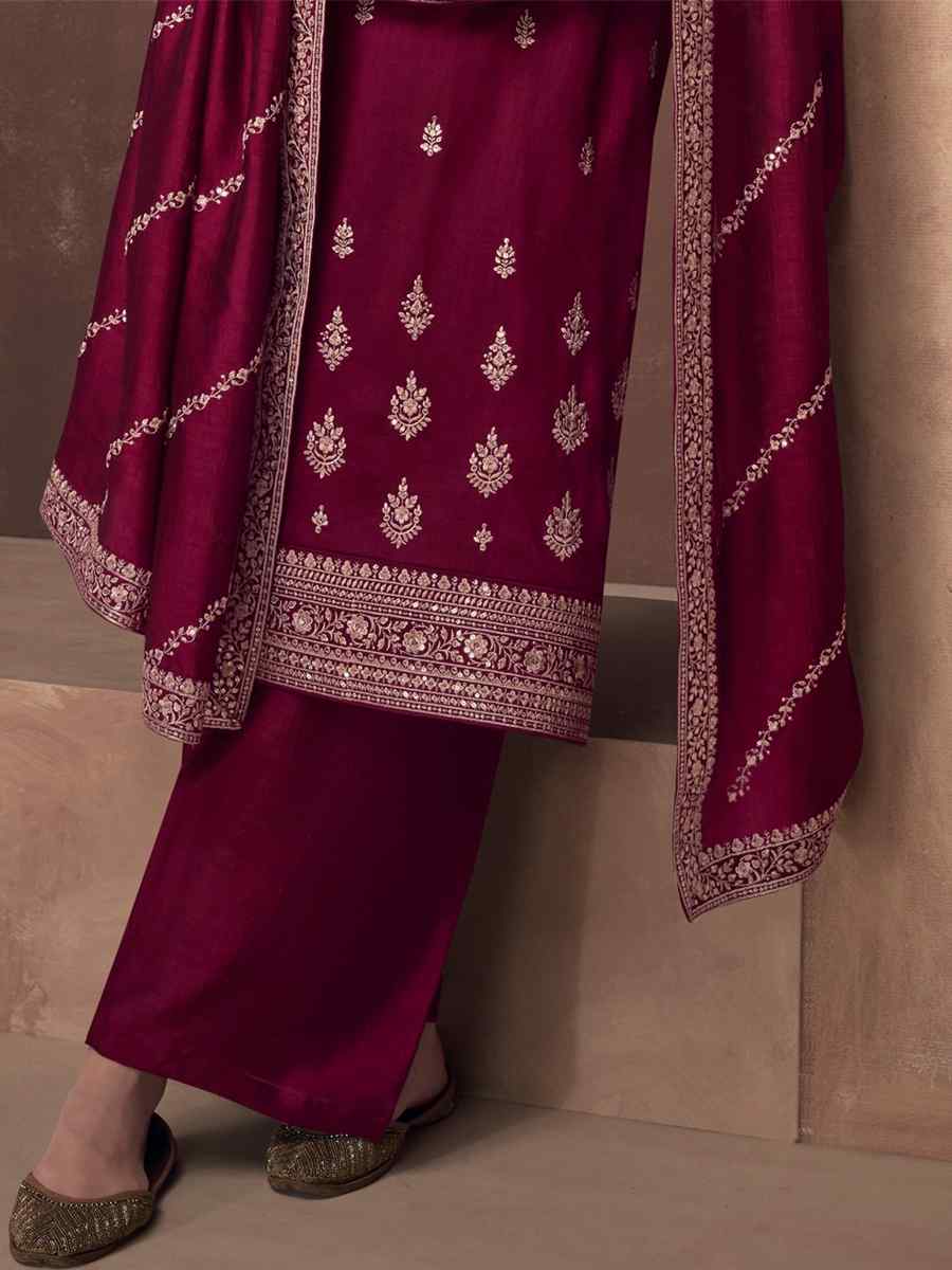 Burgundy Premium Silk Embroidered Festival Wedding Pant Salwar Kameez