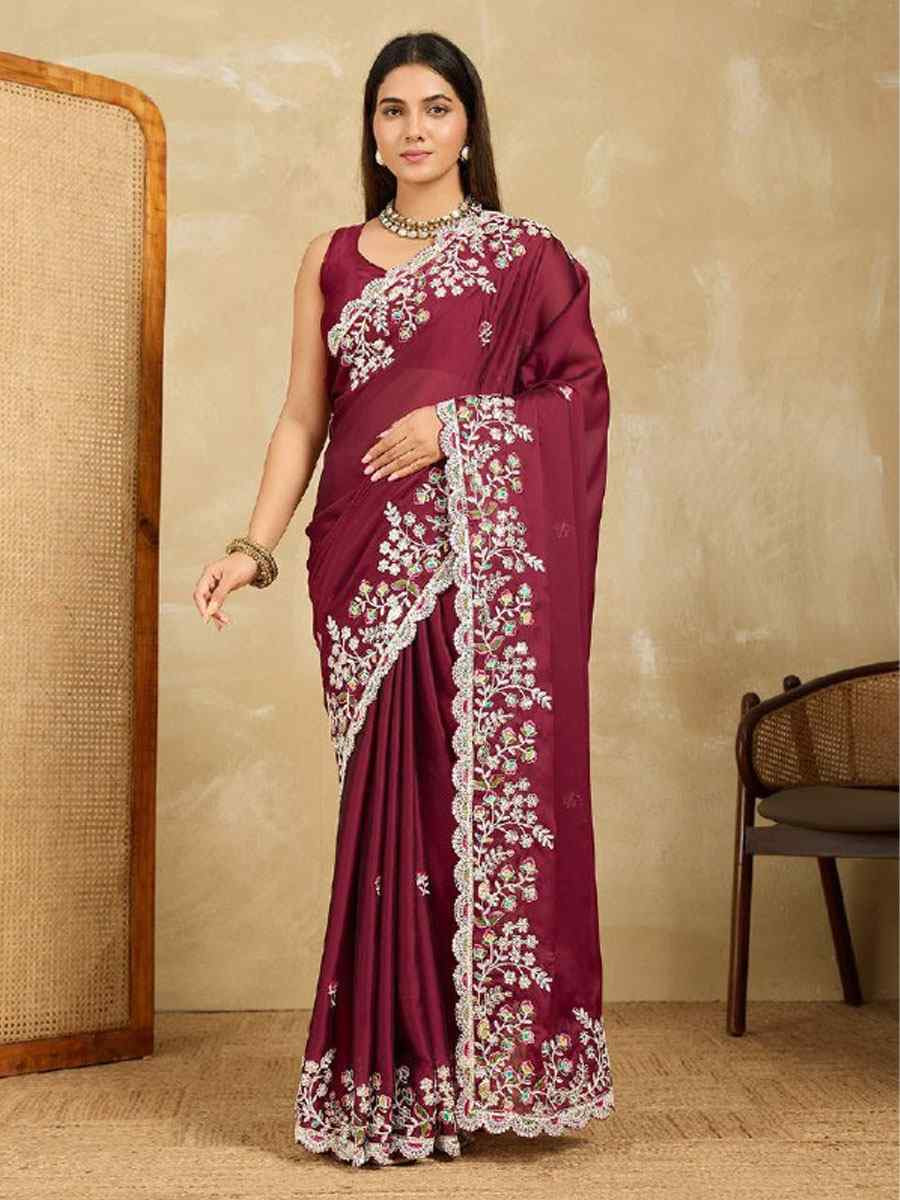 Burgundy Rangoli Silk Embroidery Traditional Casual Reception Festival Wedding Fancy Heavy Border Saree