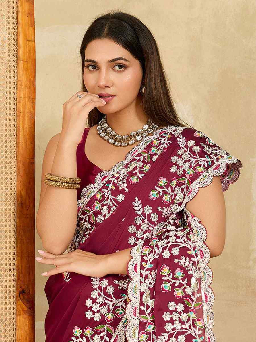 Burgundy Rangoli Silk Embroidery Traditional Casual Reception Festival Wedding Fancy Heavy Border Saree