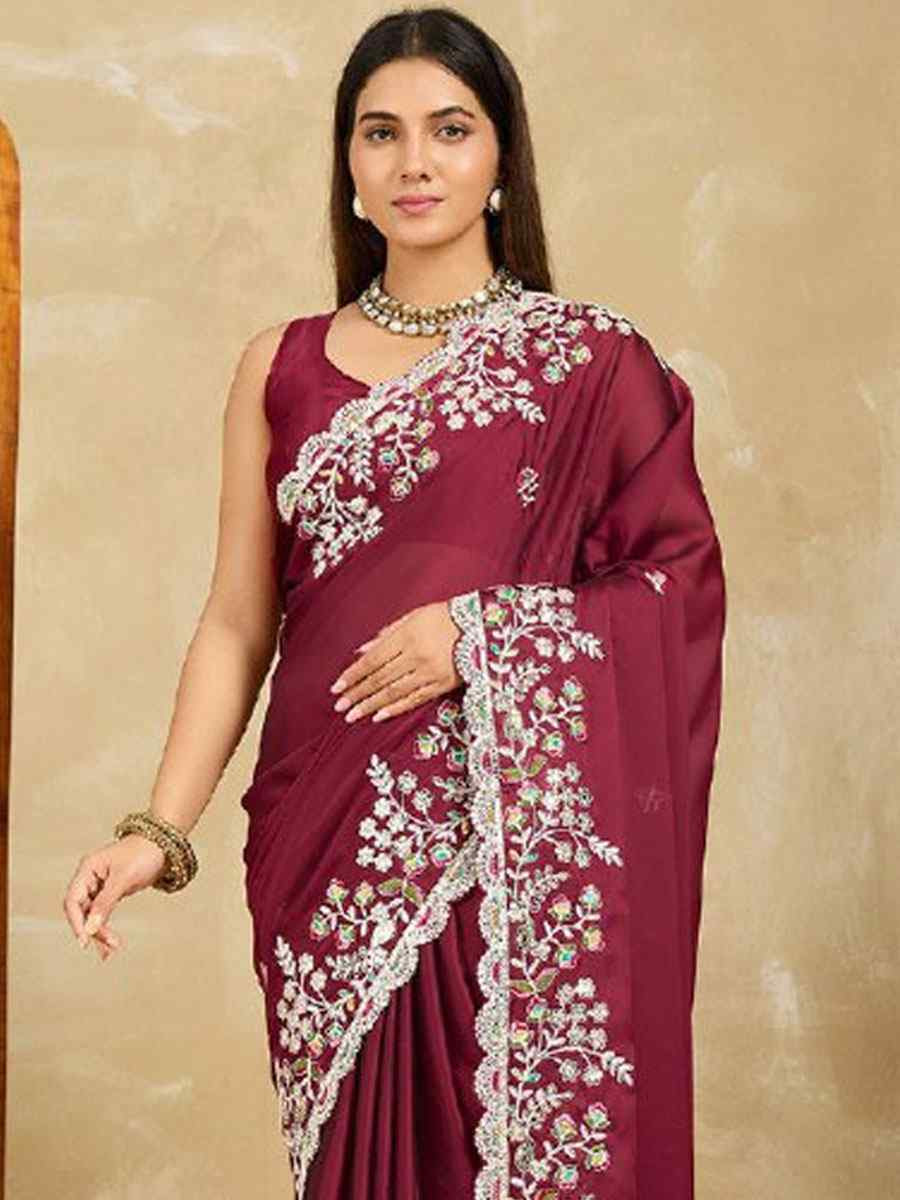 Burgundy Rangoli Silk Embroidery Traditional Casual Reception Festival Wedding Fancy Heavy Border Saree