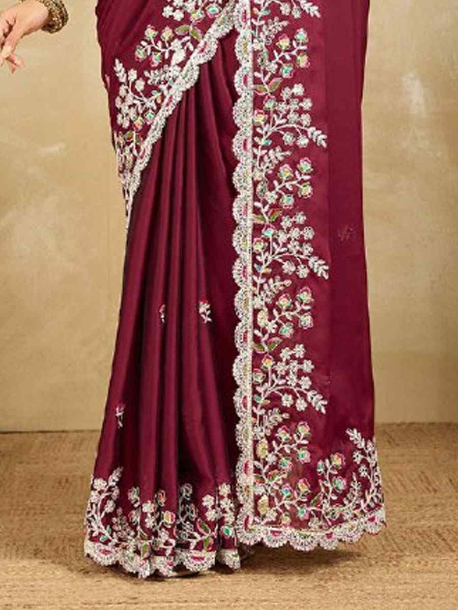 Burgundy Rangoli Silk Embroidery Traditional Casual Reception Festival Wedding Fancy Heavy Border Saree