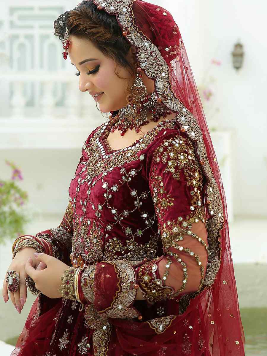 Burgundy Red 9000 Markable Velvet Embroidered Bridal Wedding Heavy Border Lehenga Choli