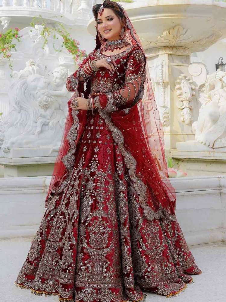 Burgundy Red 9000 Markable Velvet Embroidered Bridal Wedding Heavy Border Lehenga Choli