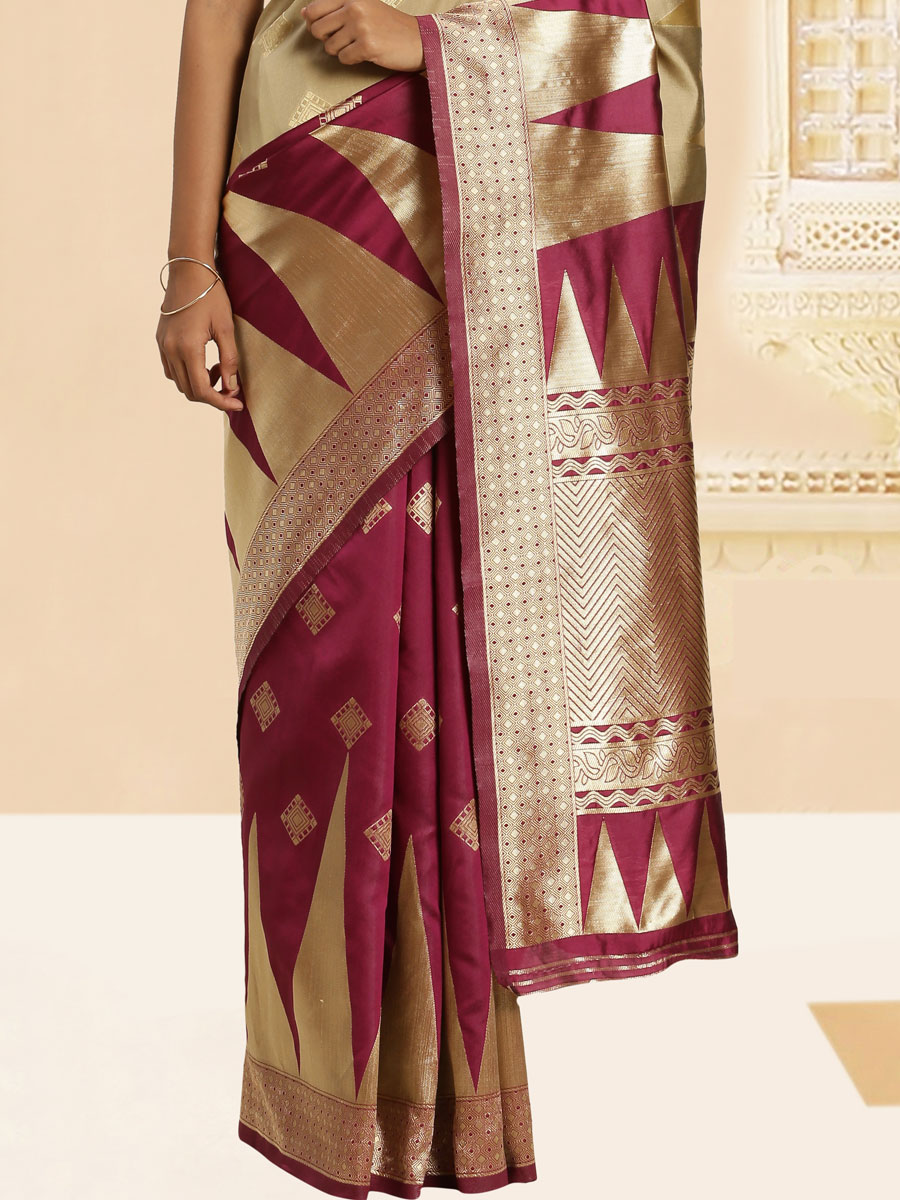 Burgundy Red and Ecru Brown Banarasi Silk Handwoven Party Saree