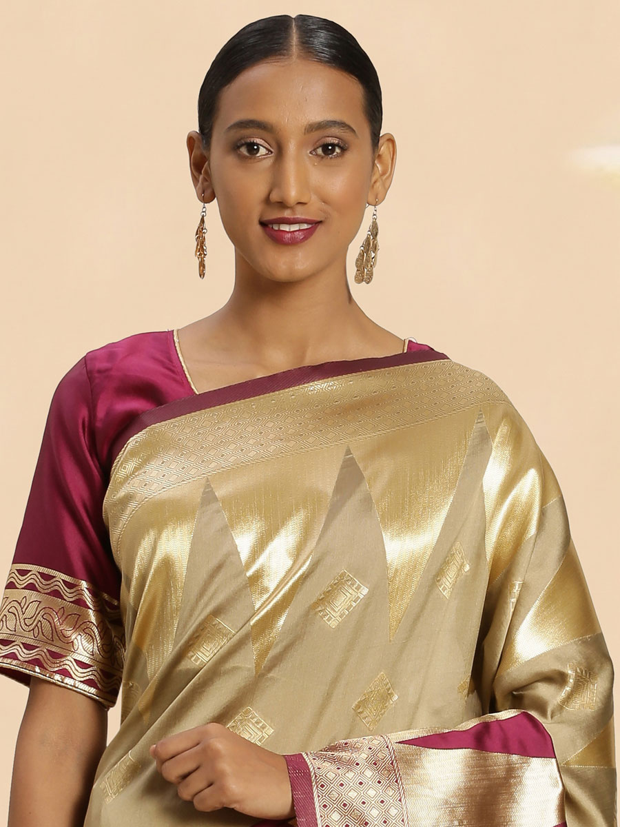 Burgundy Red and Ecru Brown Banarasi Silk Handwoven Party Saree