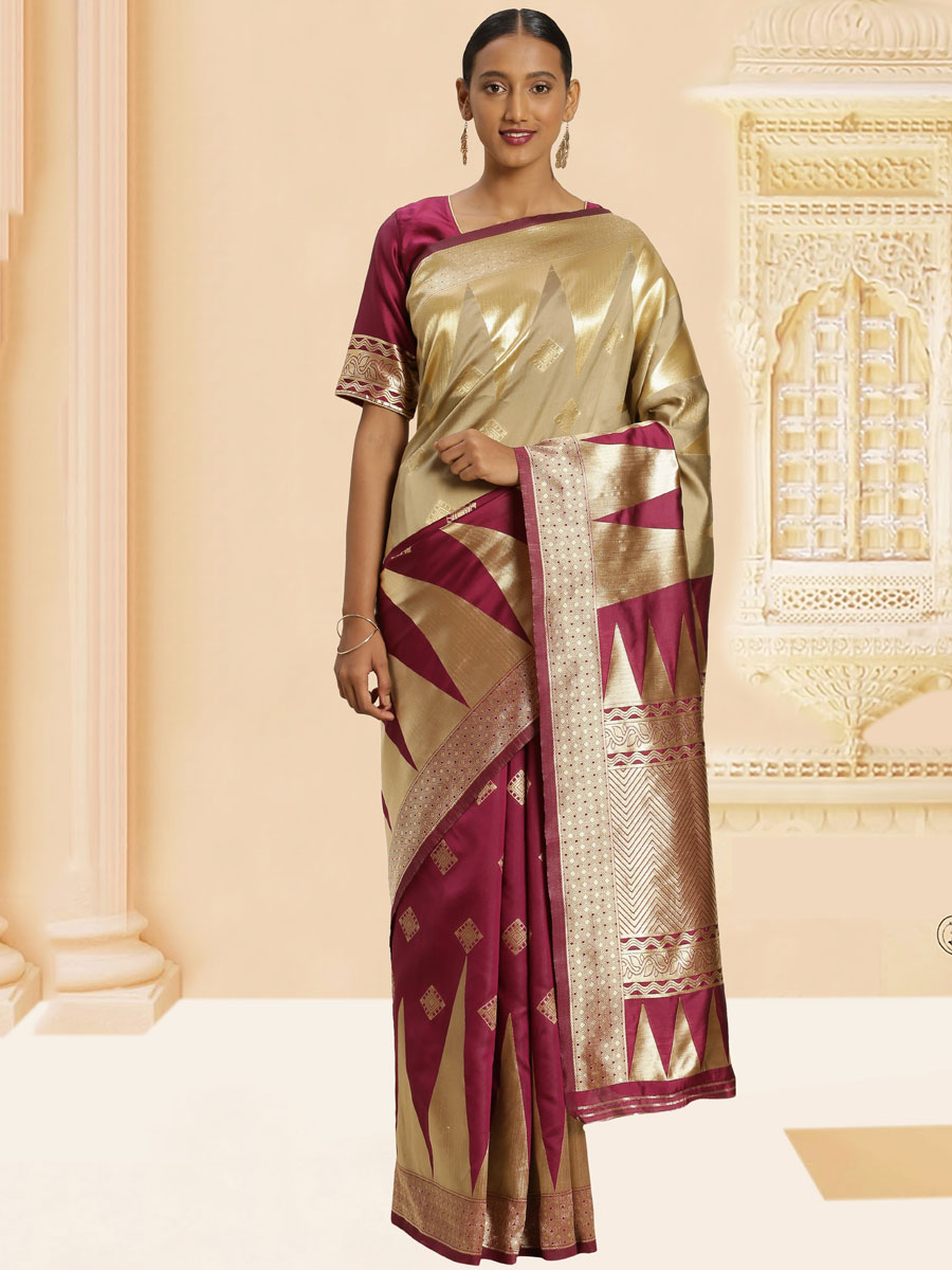 Burgundy Red and Ecru Brown Banarasi Silk Handwoven Party Saree