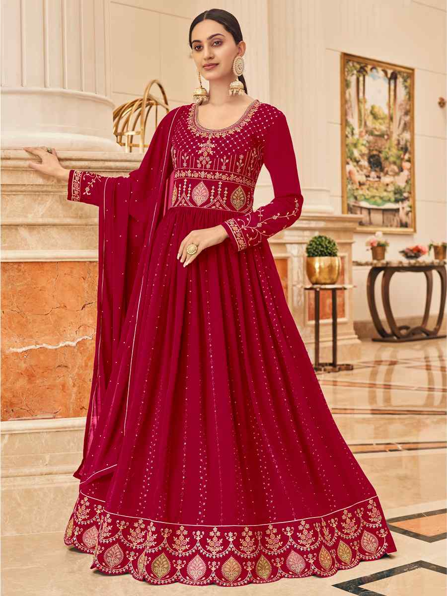 Burgundy Red Georgette Embroidered Wedding Festival Anarkali Salwar Kameez