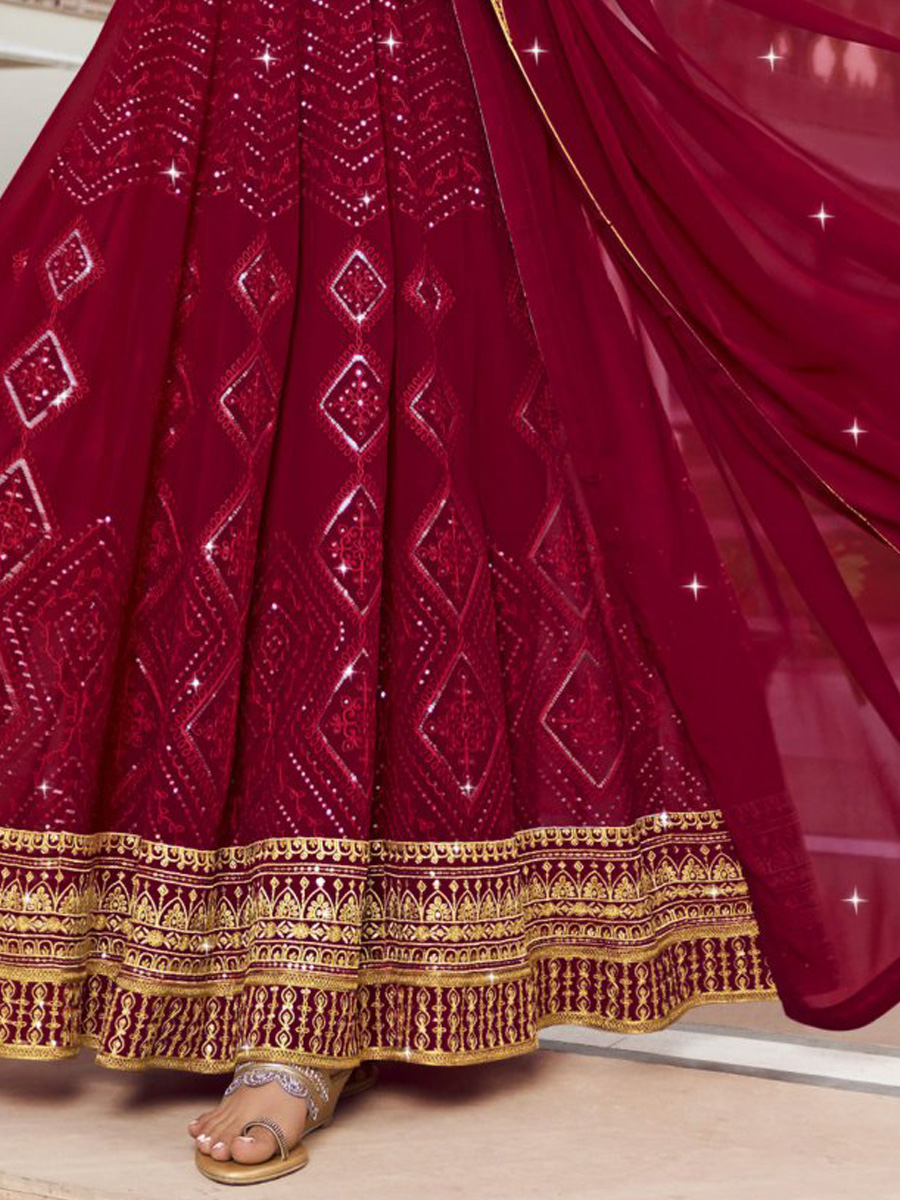 Burgundy Red Georgette Embroidered Wedding Festival Anarkali Salwar Kameez