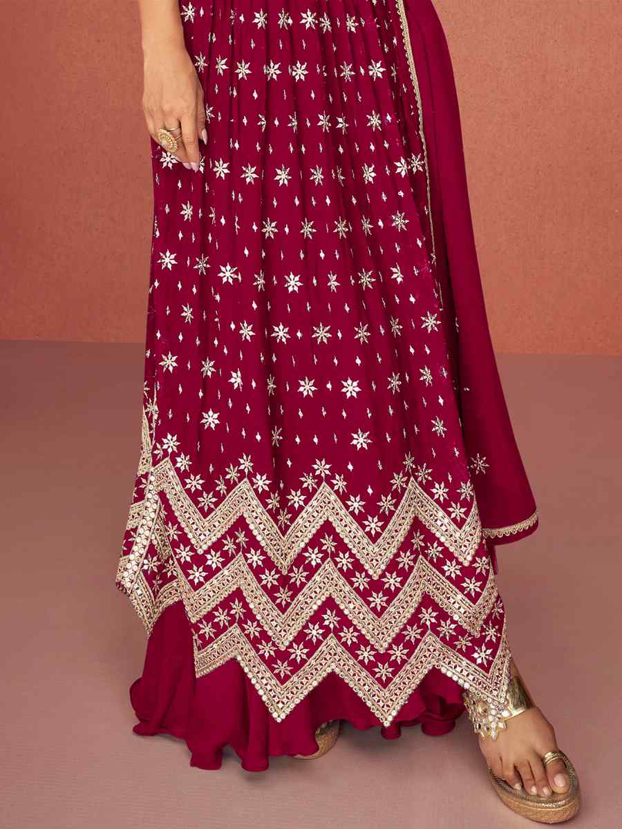 Burgundy Red Heavy Faux Georgette Embroidered Festival Wedding Anarkali Salwar Kameez