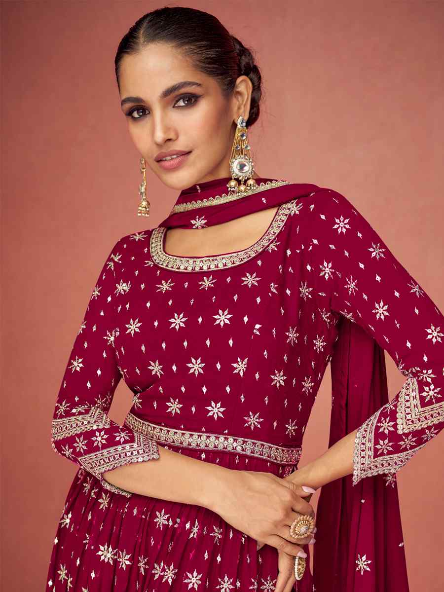 Burgundy Red Heavy Faux Georgette Embroidered Festival Wedding Anarkali Salwar Kameez