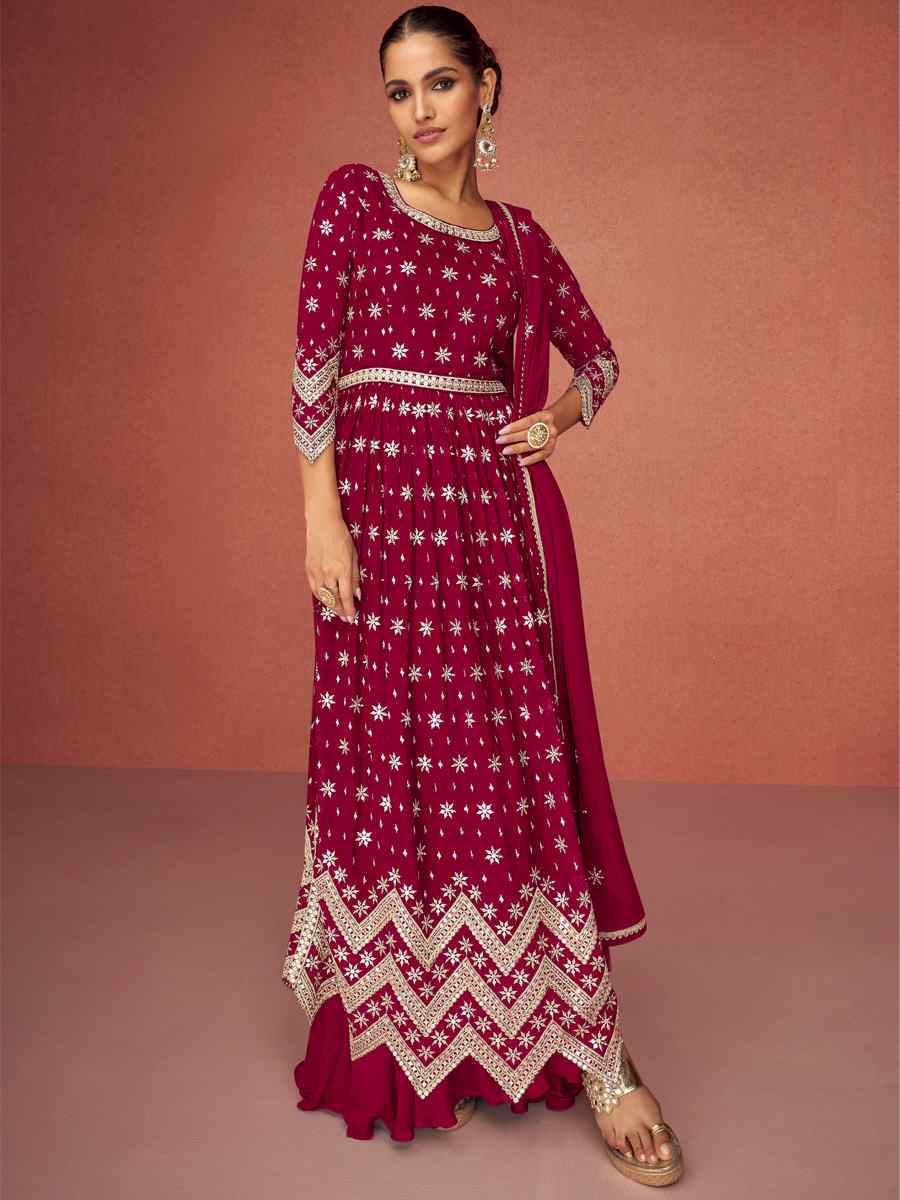 Burgundy Red Heavy Faux Georgette Embroidered Festival Wedding Anarkali Salwar Kameez