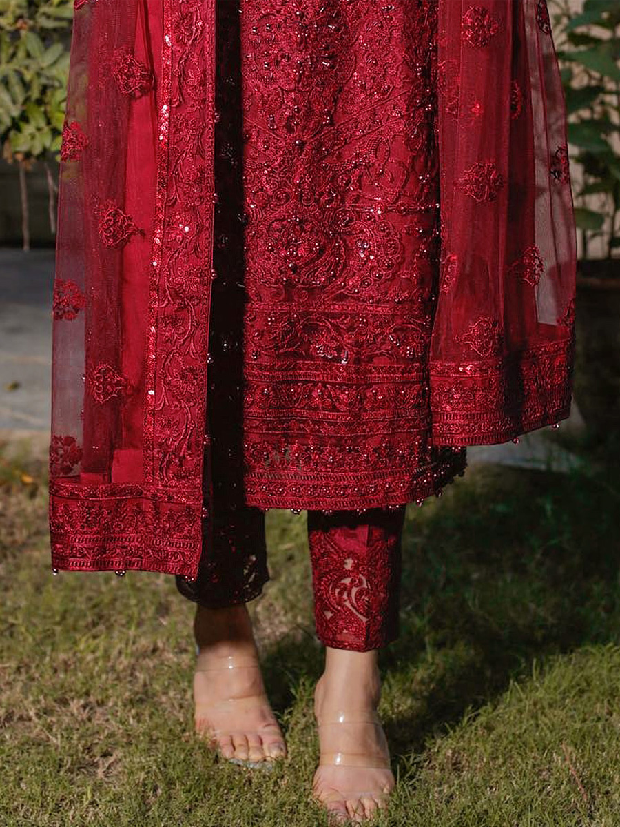 Burgundy Red Heavy Georgette Embroidered Festival Party Pant Salwar Kameez