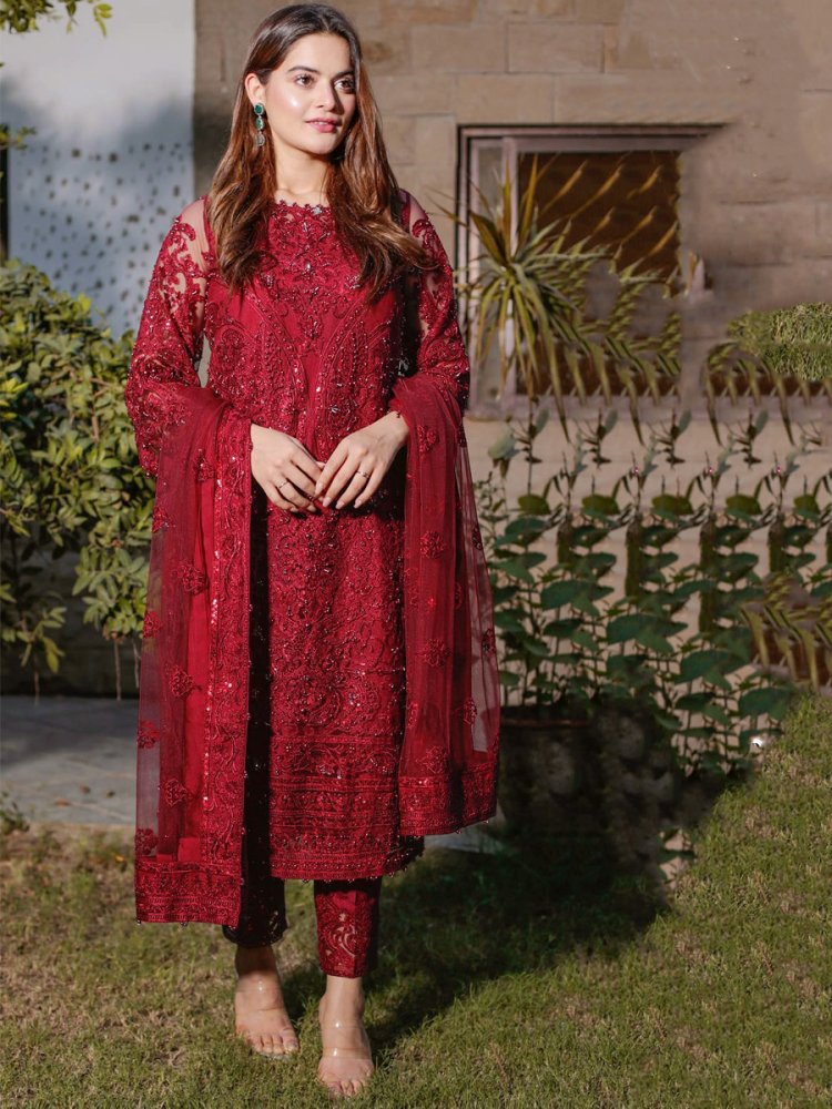 Burgundy Red Heavy Georgette Embroidered Festival Party Pant Salwar Kameez