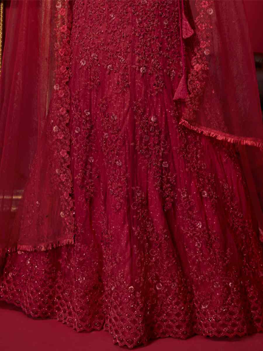 Burgundy Red Net Embroidered Bridal Reception Heavy Border Lehenga Choli
