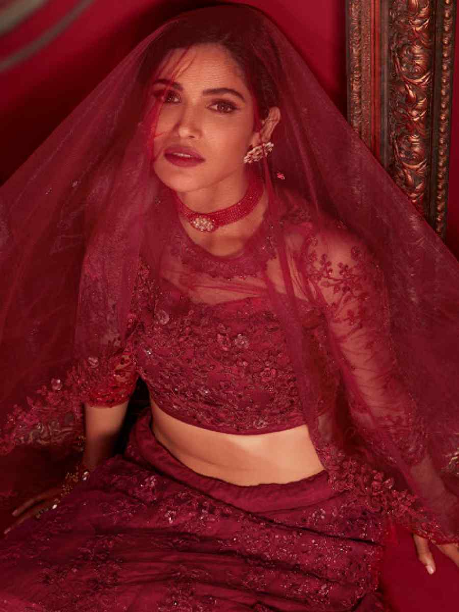 Burgundy Red Net Embroidered Bridal Reception Heavy Border Lehenga Choli