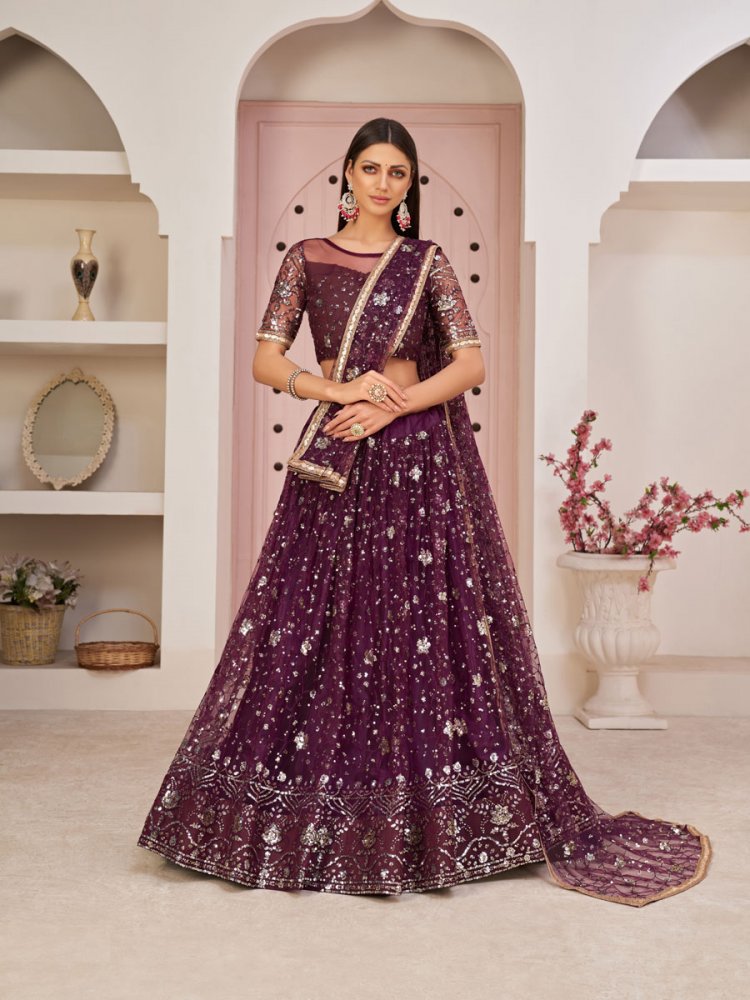 Burgundy Red Net Embroidered Party Lehenga Choli