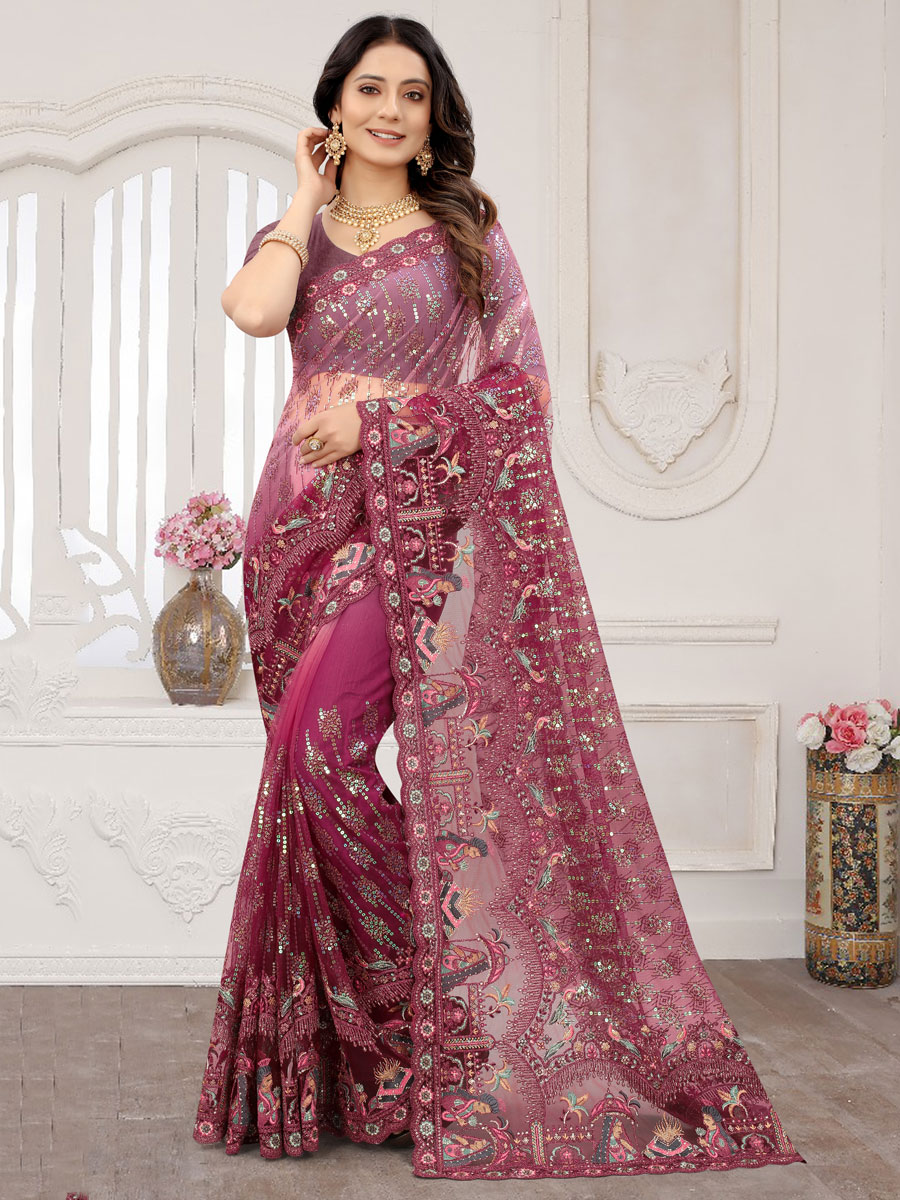 Burgundy Red Net Embroidered Party Saree