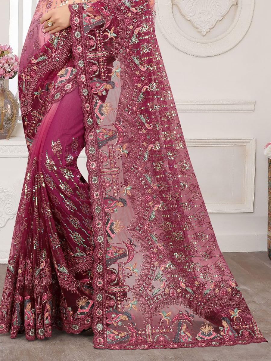Burgundy Red Net Embroidered Party Saree
