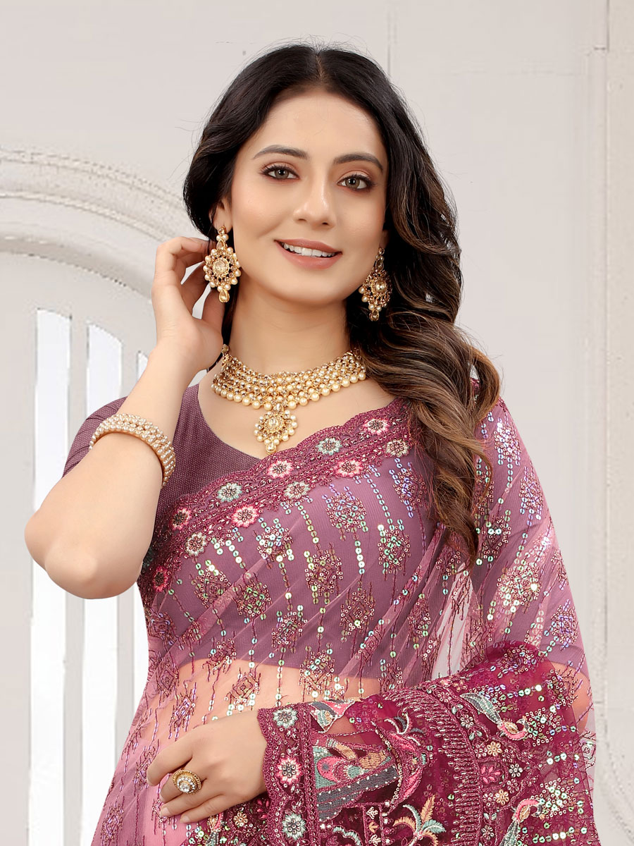 Burgundy Red Net Embroidered Party Saree