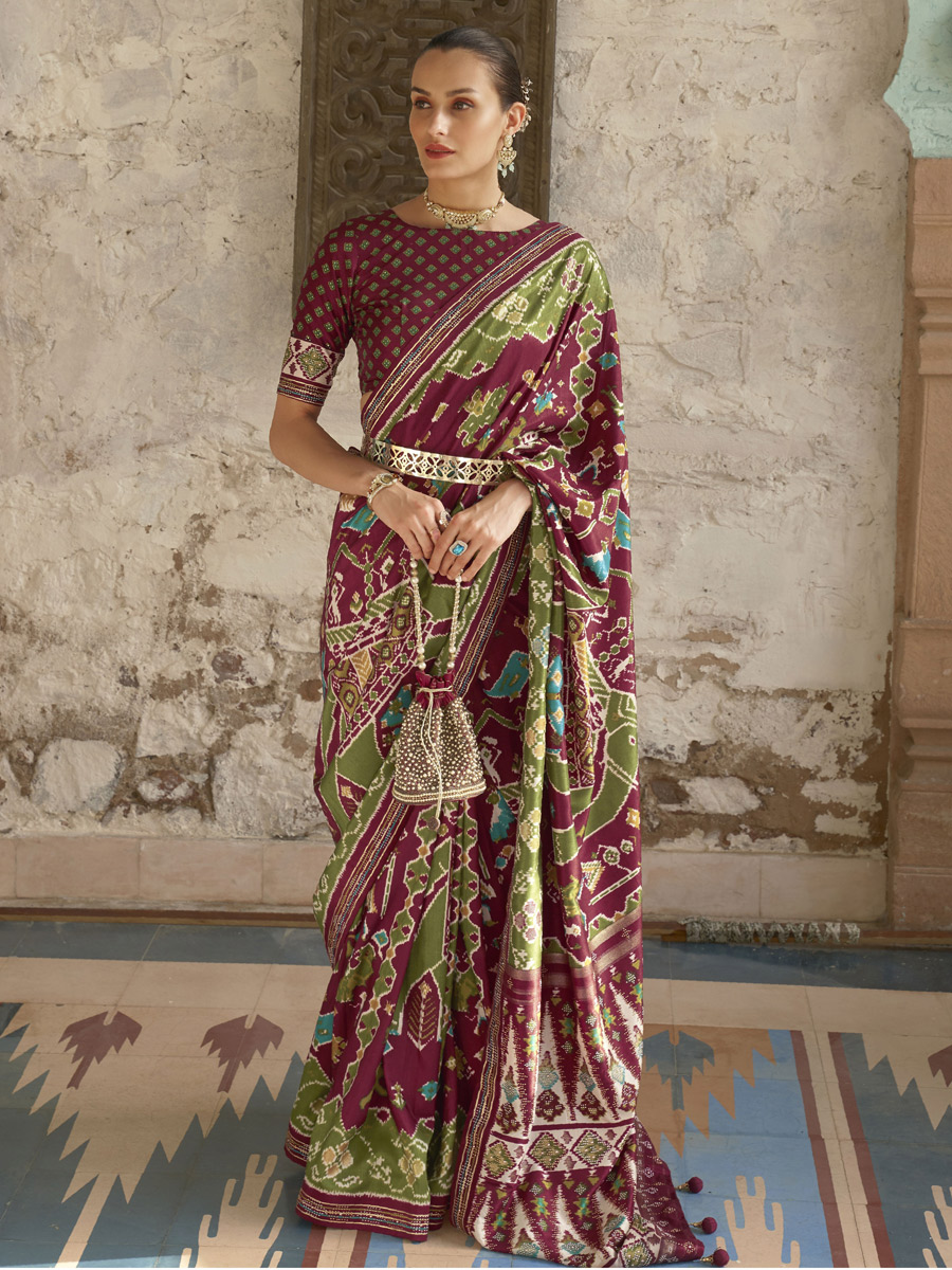 Burgundy Red Patola Silk Festival Printed Saree