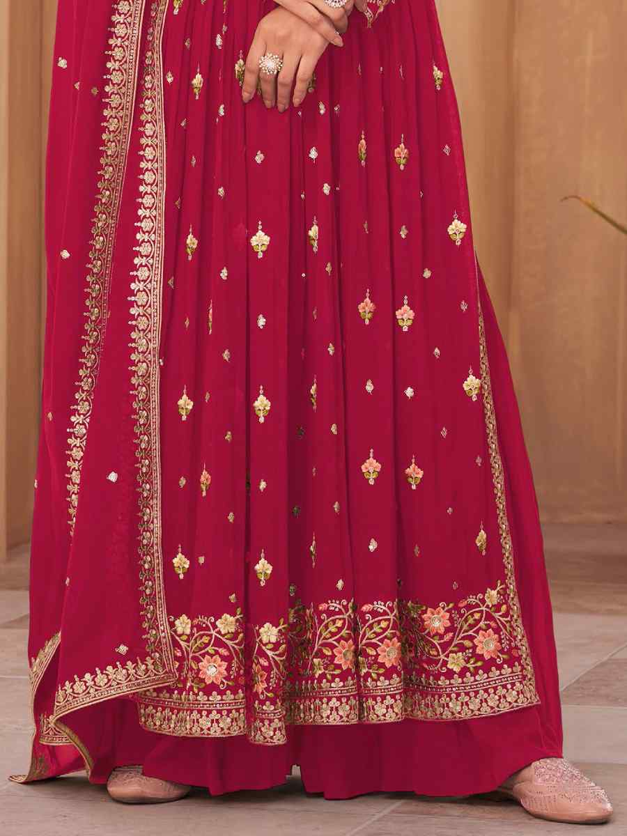 Burgundy Red Pure Georgette Embroidered Festival Wedding Palazzo Pant Salwar Kameez
