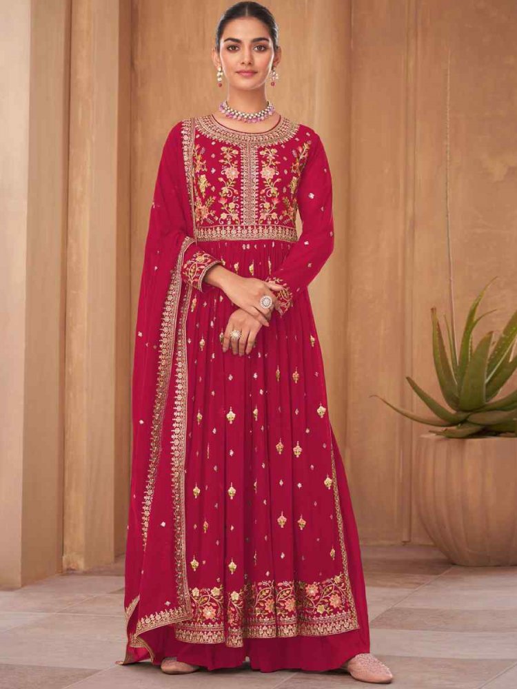 Burgundy Red Pure Georgette Embroidered Festival Wedding Palazzo Pant Salwar Kameez