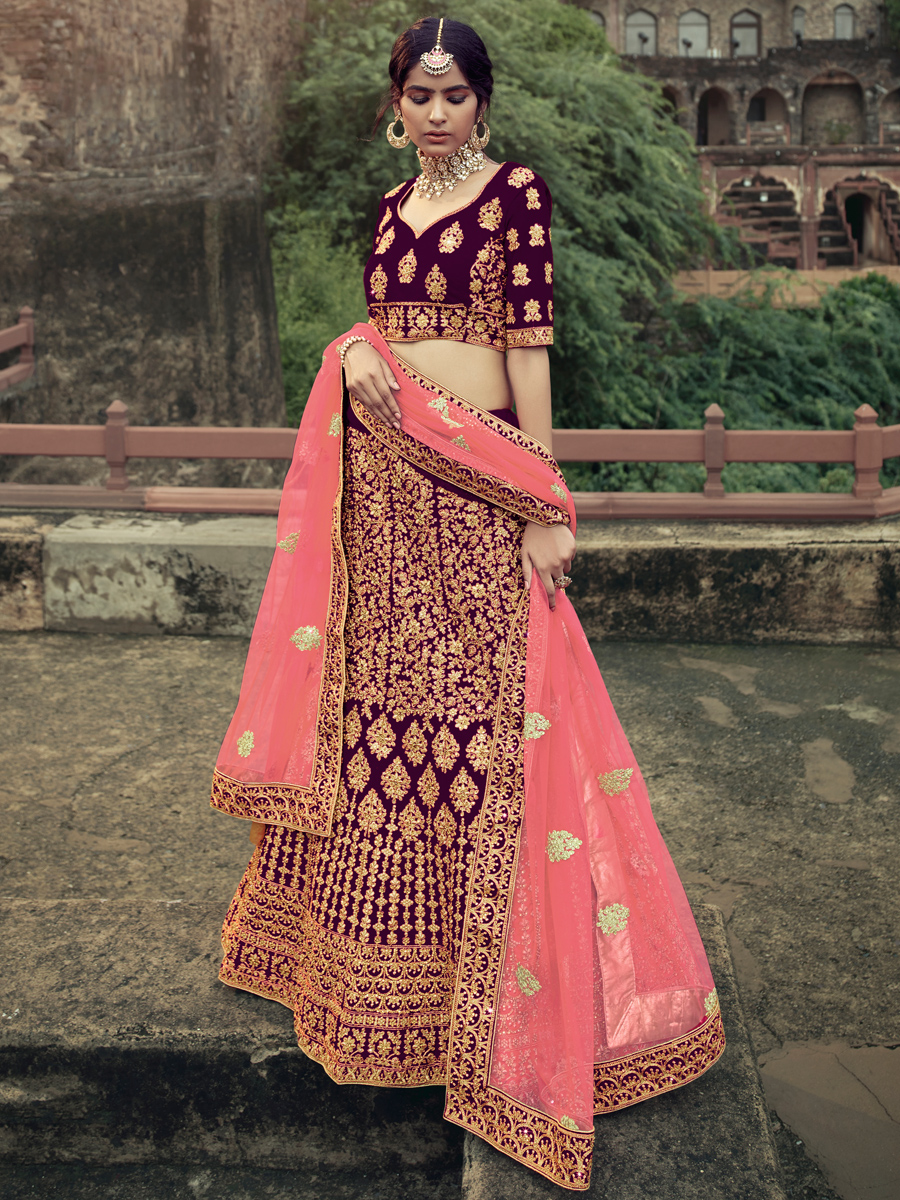 Burgundy Red Satin Embroidered Bridal Lehenga Choli