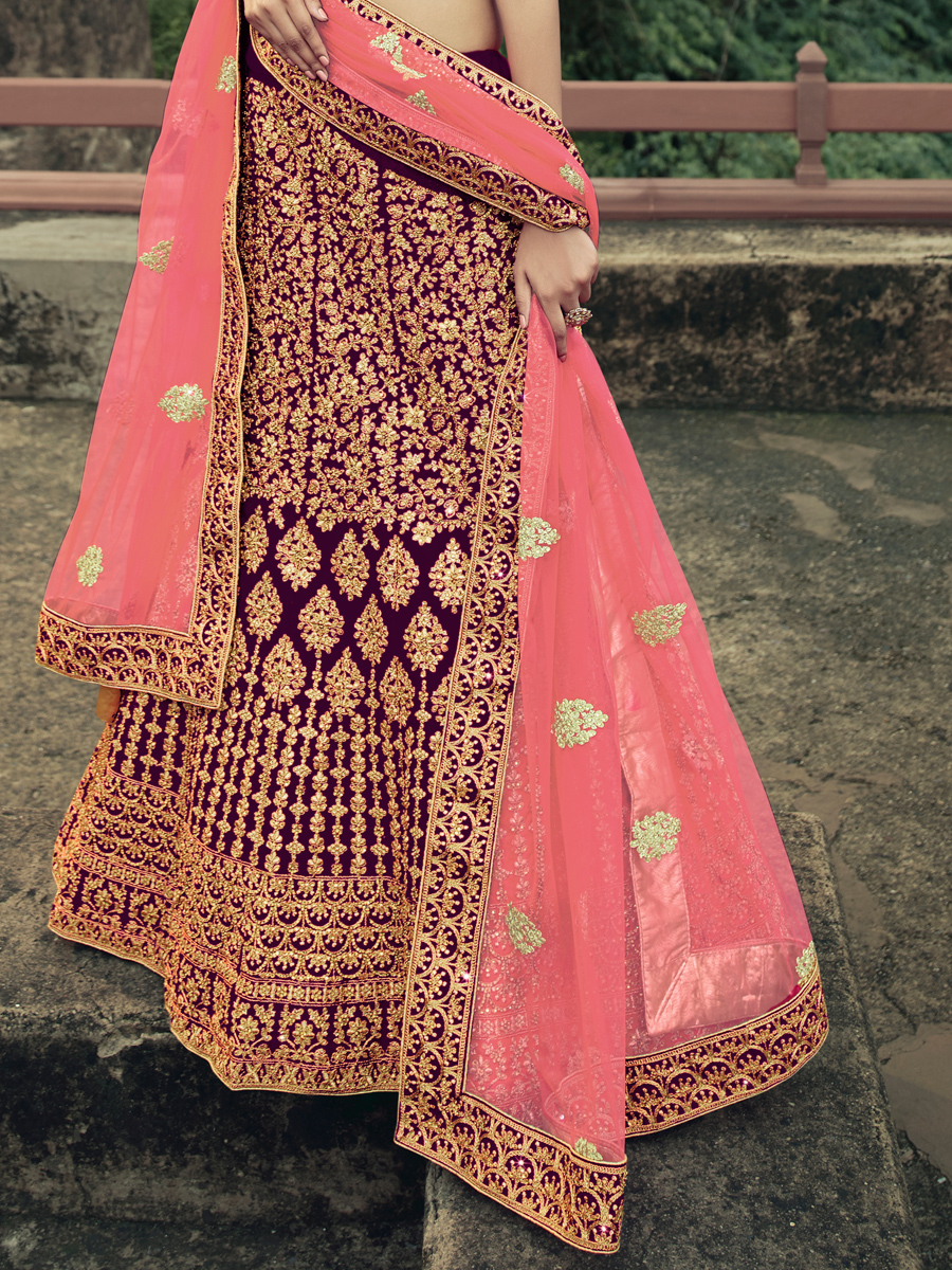 Burgundy Red Satin Embroidered Bridal Lehenga Choli