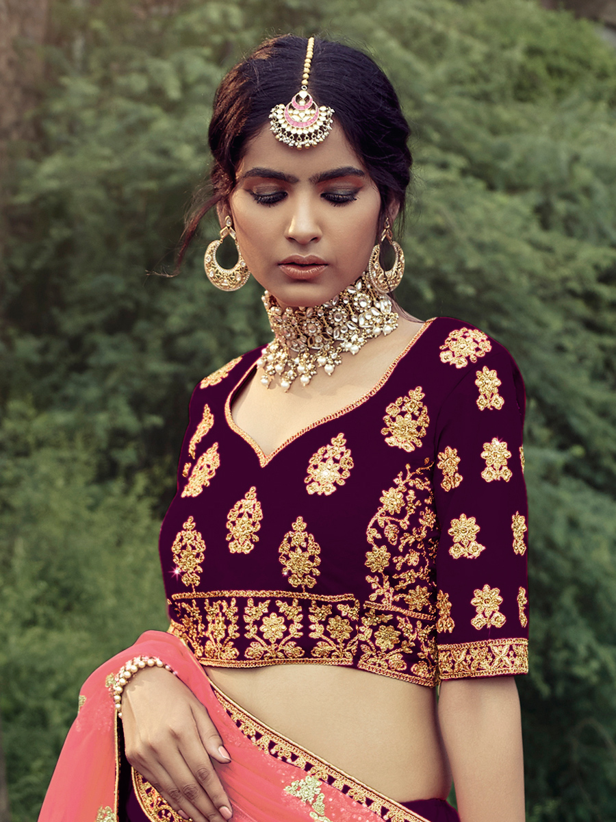 Burgundy Red Satin Embroidered Bridal Lehenga Choli