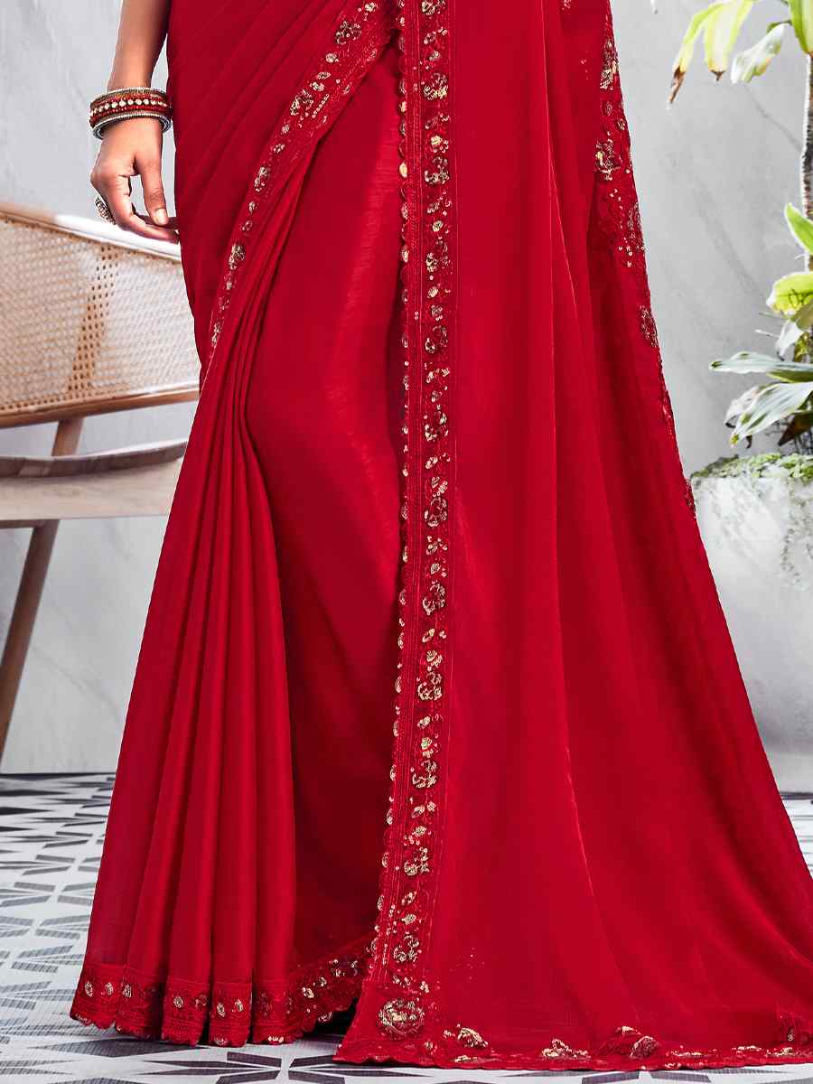 Burgundy Red Velvert Chiffon Silk Embroidered Bridesmaid Reception Heavy Border Saree