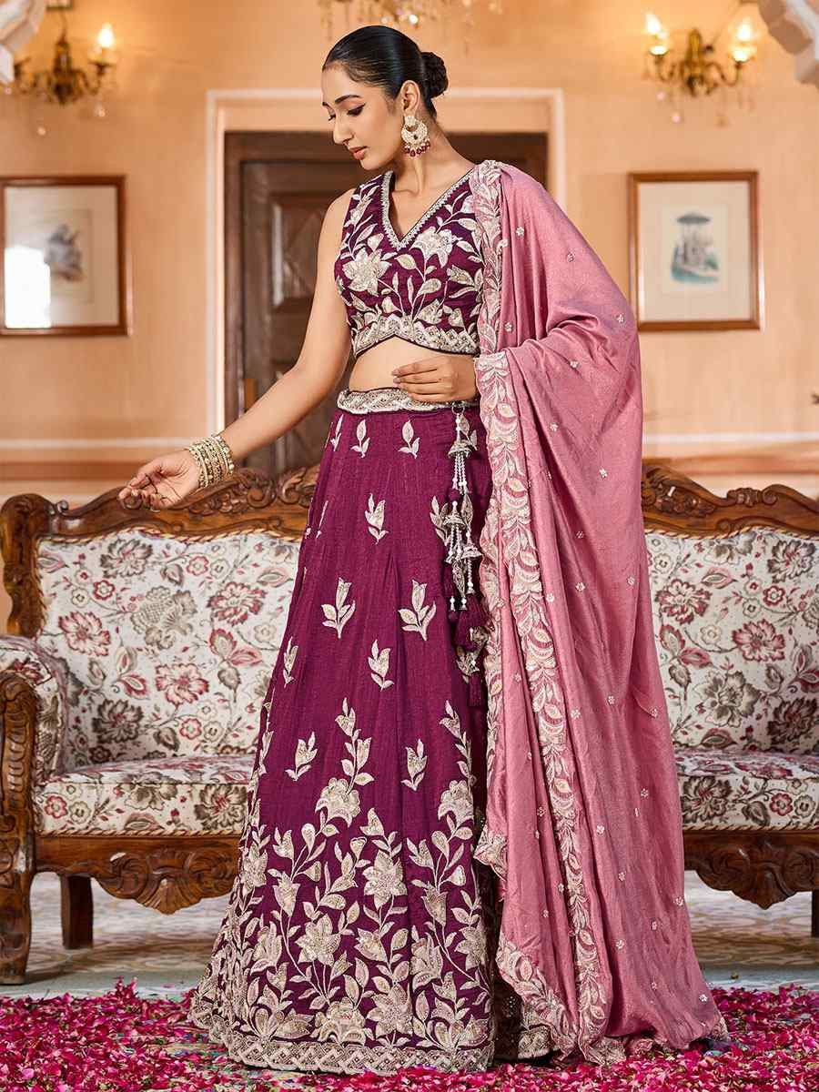 Burgundy Silk Embroidered Wedding Reception Festival Heavy Border Lehenga Choli