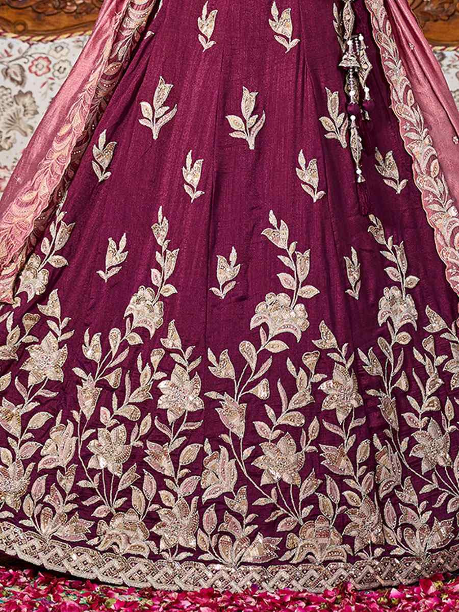 Burgundy Silk Embroidered Wedding Reception Festival Heavy Border Lehenga Choli
