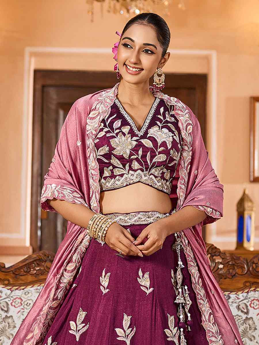 Burgundy Silk Embroidered Wedding Reception Festival Heavy Border Lehenga Choli