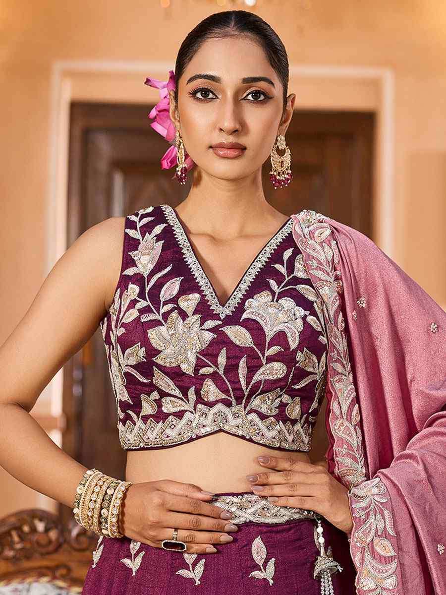 Burgundy Silk Embroidered Wedding Reception Festival Heavy Border Lehenga Choli
