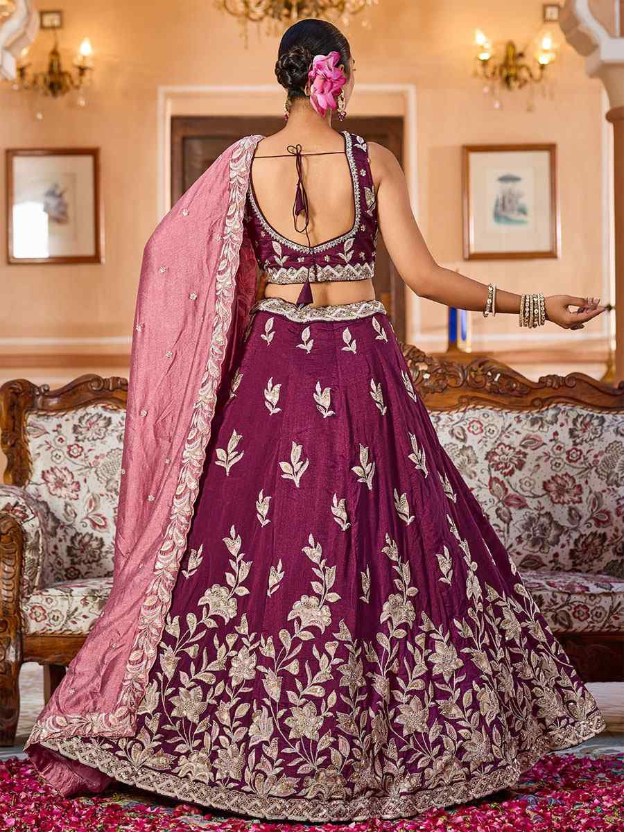 Burgundy Silk Embroidered Wedding Reception Festival Heavy Border Lehenga Choli