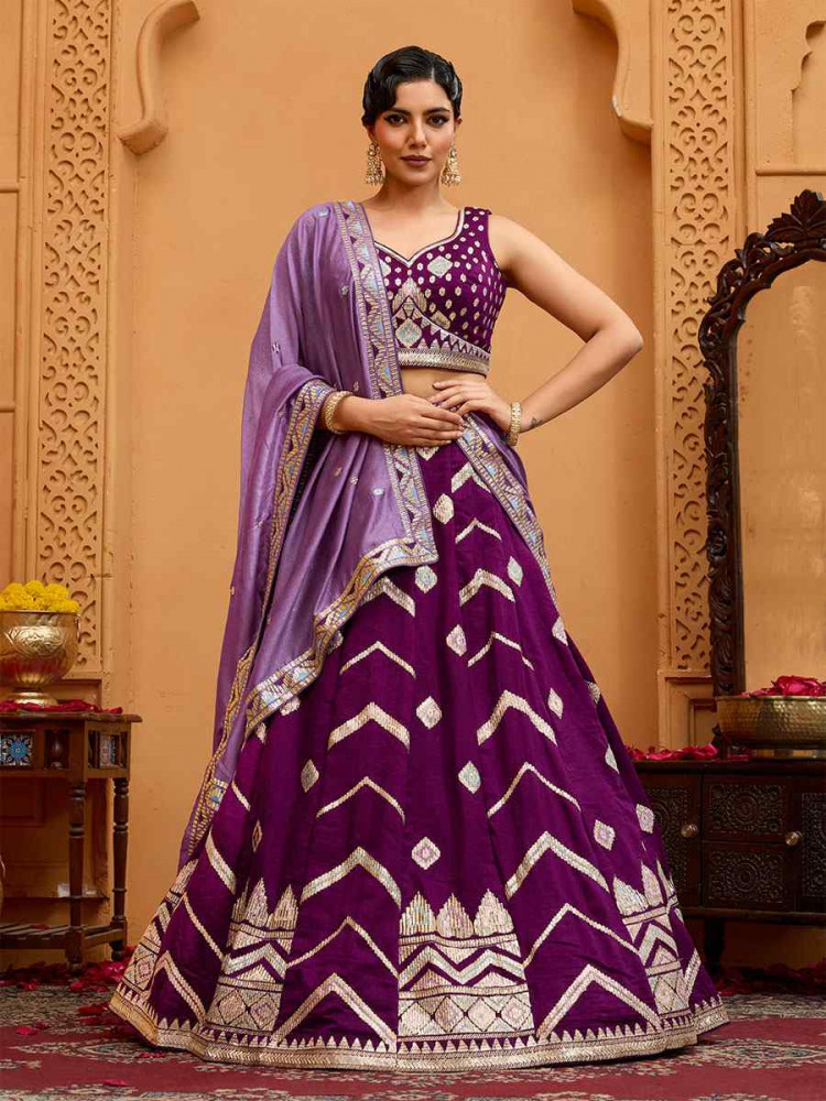 Image of Burgundy Silk Embroidered Wedding Reception Festival Heavy Border Lehenga Choli