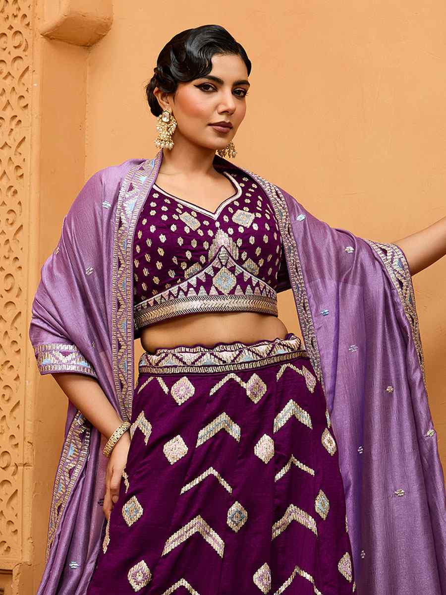 Burgundy Silk Embroidered Wedding Reception Festival Heavy Border Lehenga Choli