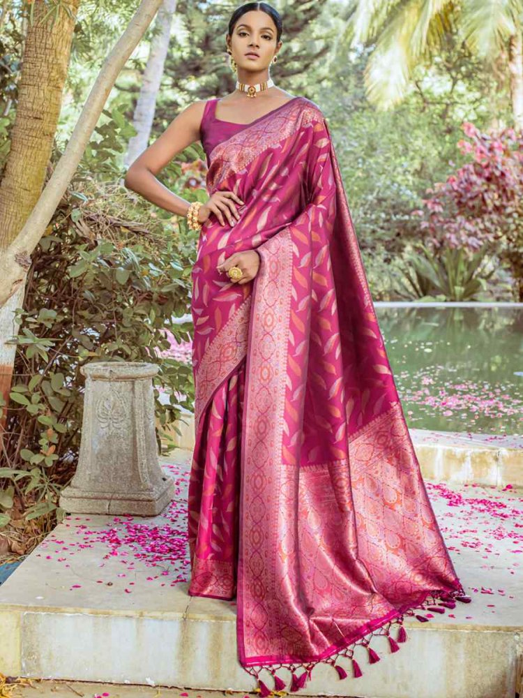 Burgundy Silk Handwoven Wedding Festival Heavy Border Saree