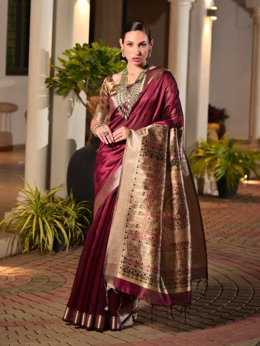 Burgundy Soft Khadi Raw Silk Printed Zari Handwoven Festival Wedding Fancy Heavy Border Saree