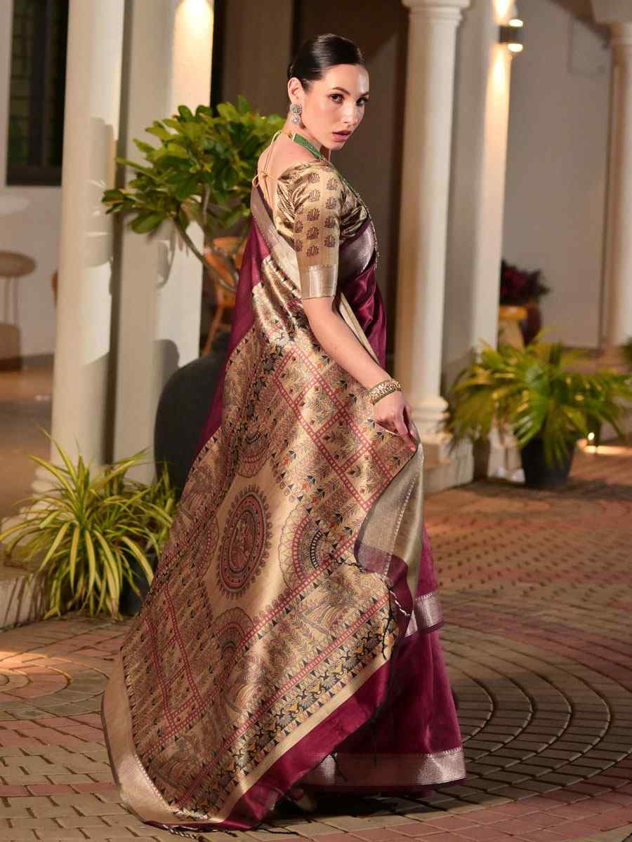 Burgundy Soft Khadi Raw Silk Printed Zari Handwoven Festival Wedding Fancy Heavy Border Saree