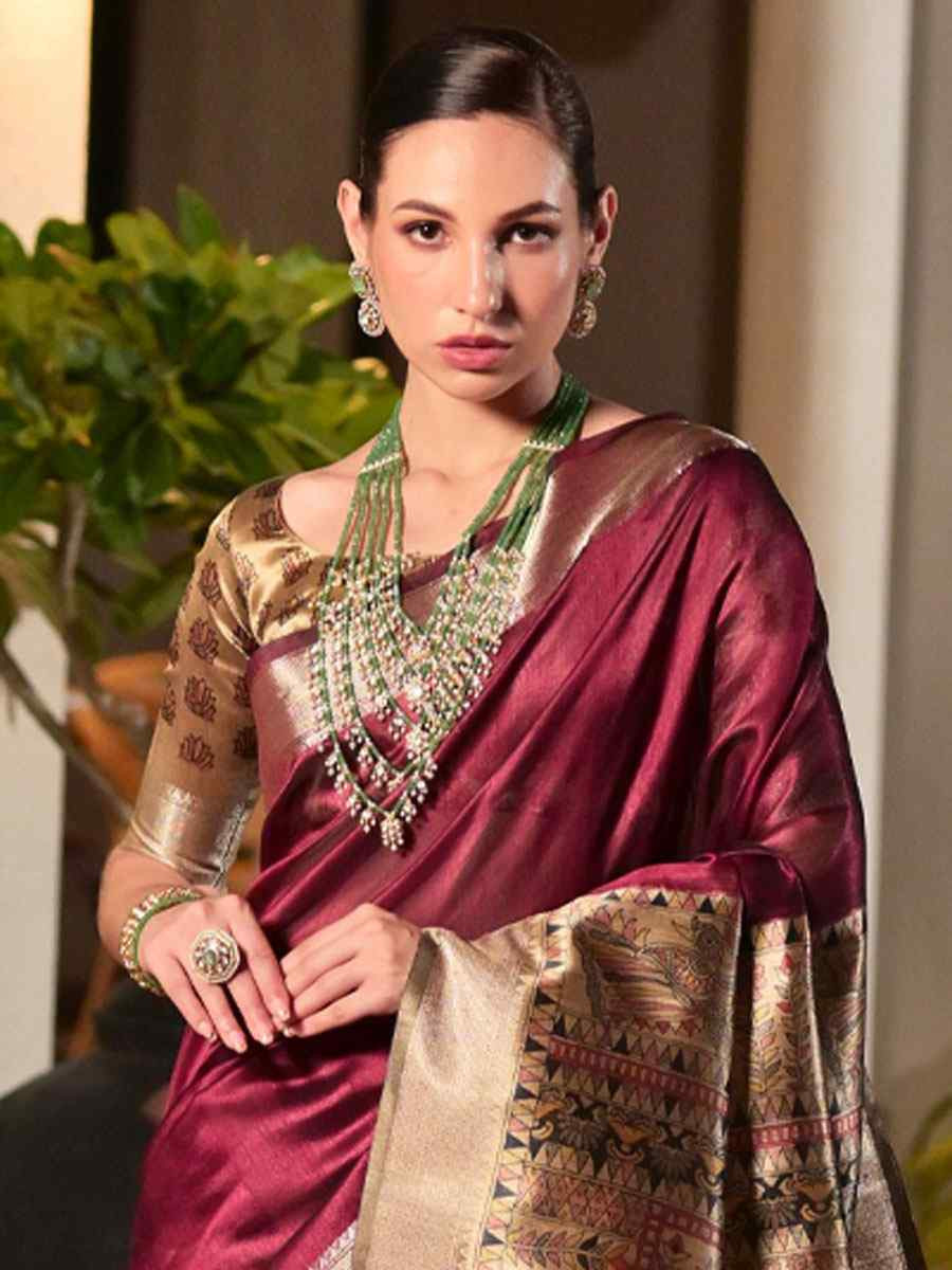 Burgundy Soft Khadi Raw Silk Printed Zari Handwoven Festival Wedding Fancy Heavy Border Saree