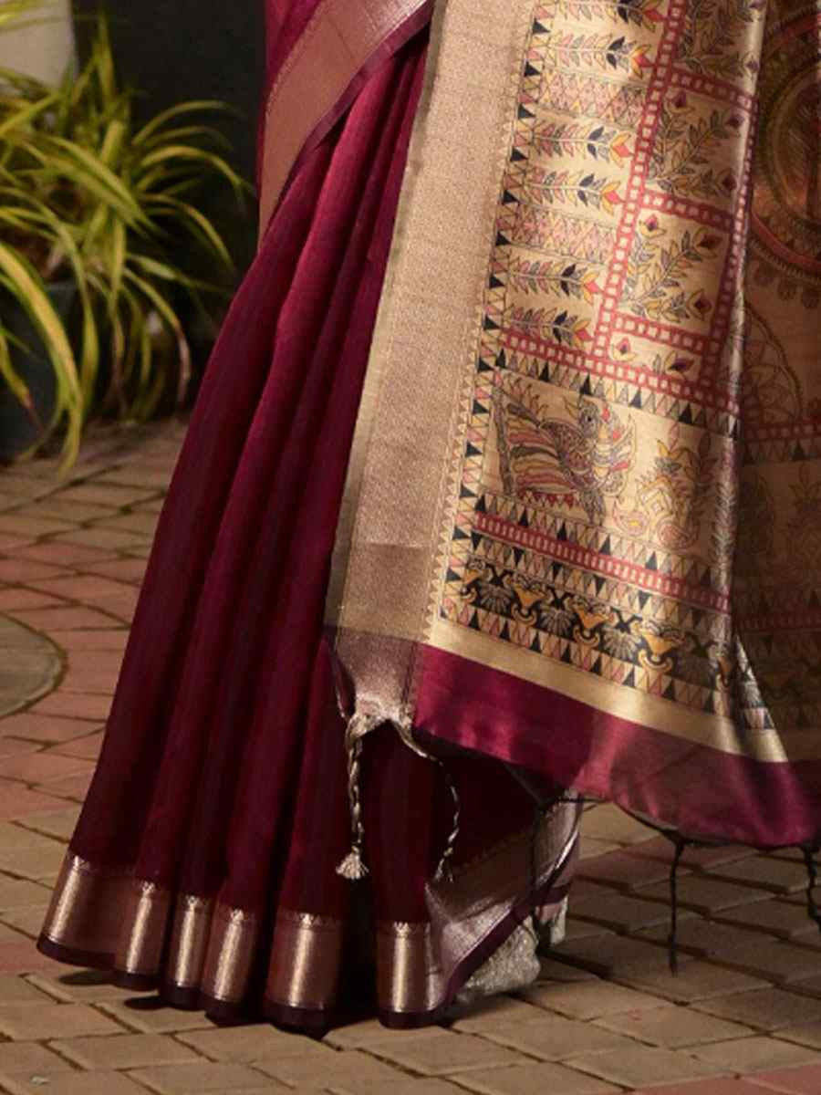 Burgundy Soft Khadi Raw Silk Printed Zari Handwoven Festival Wedding Fancy Heavy Border Saree
