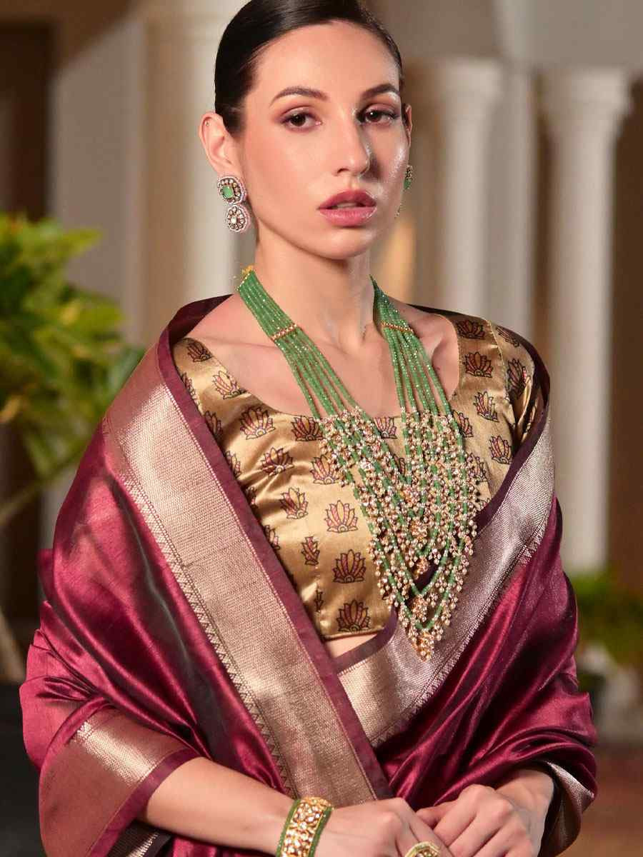 Burgundy Soft Khadi Raw Silk Printed Zari Handwoven Festival Wedding Fancy Heavy Border Saree
